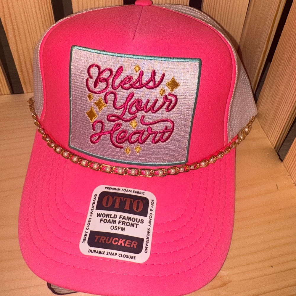 OTTO Hot Pink 'Bless Your Heart' Trucker Hat with Gold Chain
